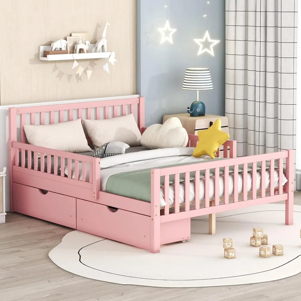 ZHUOTING Kids Storage Bed With Guardrails And Drawers