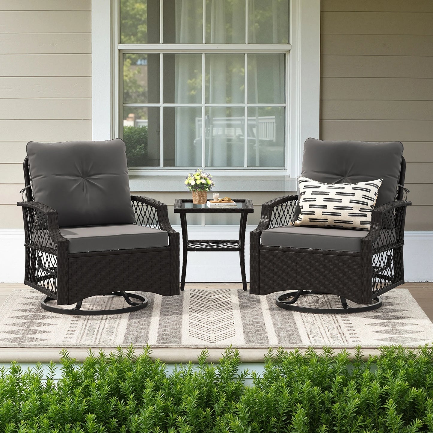 3 Piece Swivel Patio Bistro Set Outdoor Wicker Chairs