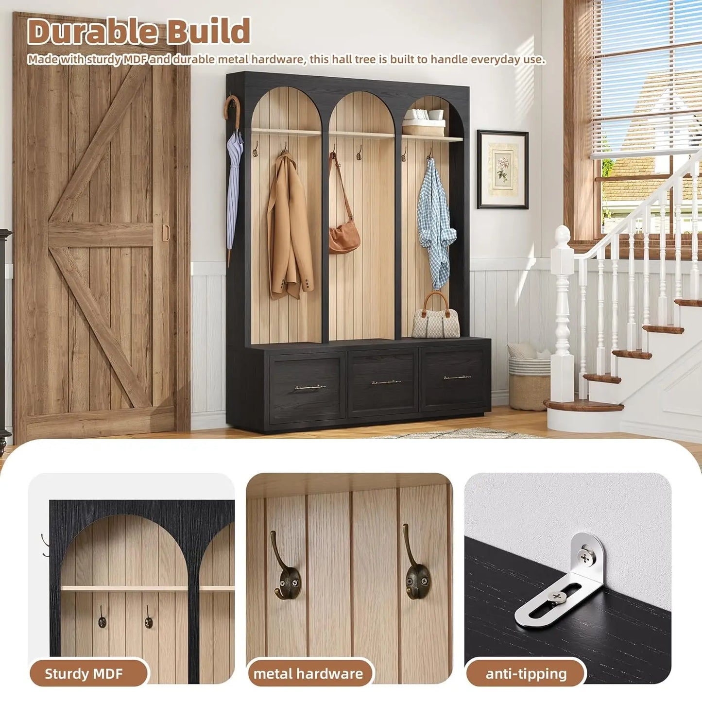 Wood Hall Tree With Eight Hooks Shoe Bench And Three Drawers Mudroom Organizer
