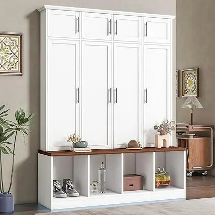 58.8 Inch Wide Hall Tree with Bench Coat Rack Hooks Drawers and Adjustable Shelves