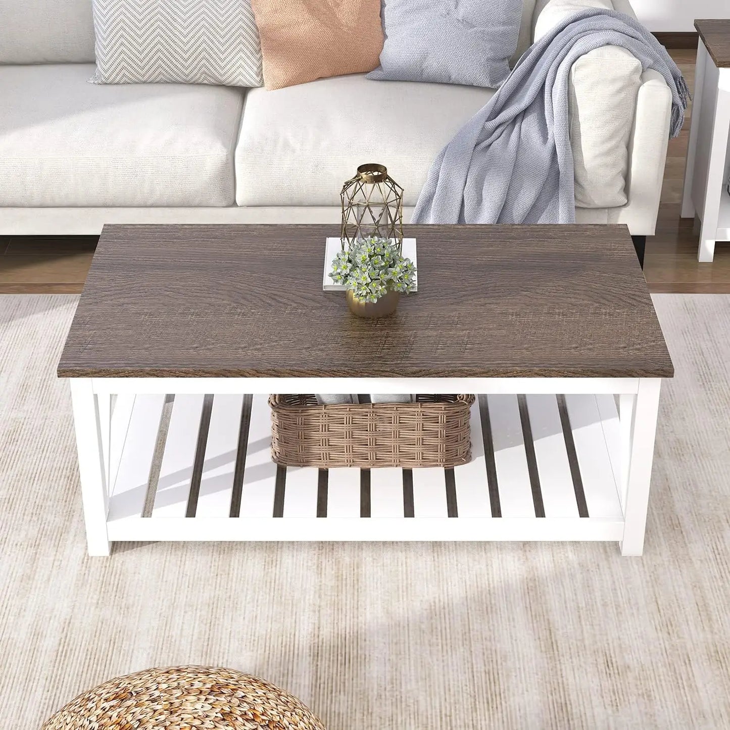 Rustic Farmhouse Coffee Table With Metal Frame And Shelf