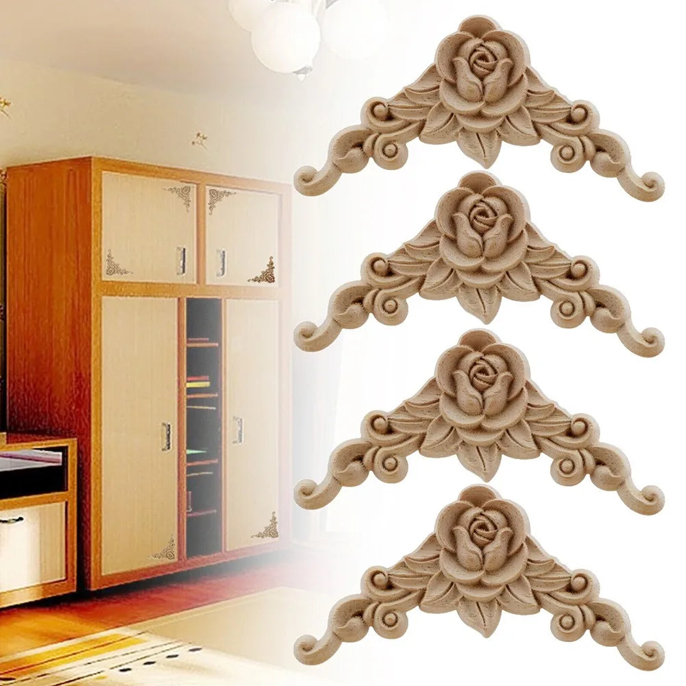 Natural Floral Wooden Figurines Decorative Carved Corner Appliques