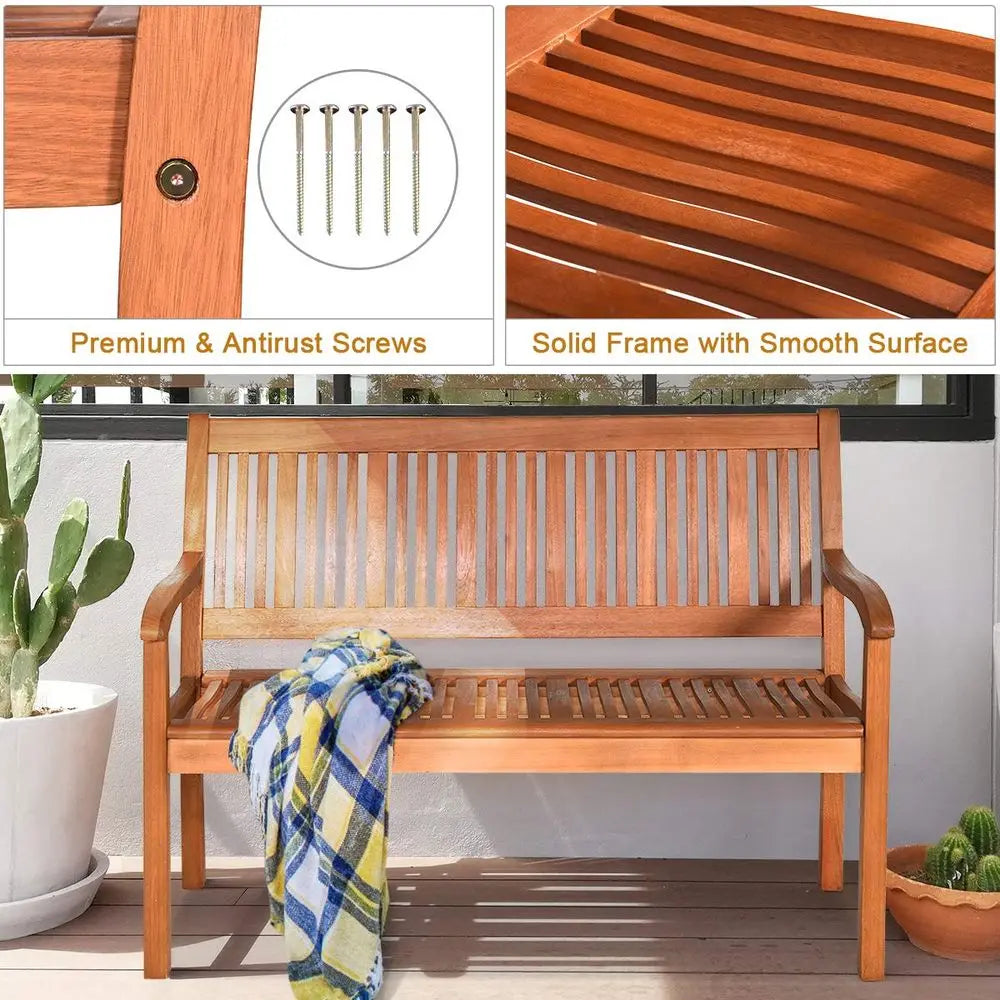 Outdoor Wood Garden Bench Slatted Backrest Curved Armrests