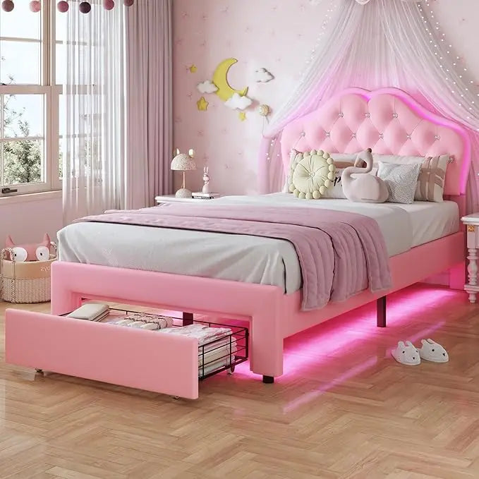 Velvet Button Upholstered Platform Bed With Storage LED Lights