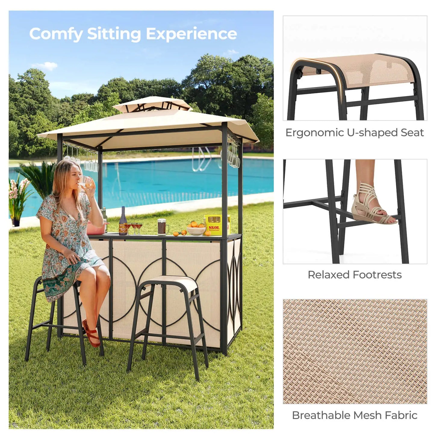 HOMASIS Patio Bar Set With Tempered Glass Table Outdoor