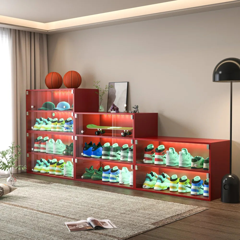 Red Glass Door Shoe Storage Cabinet with RGB LED Light for Sneakers
