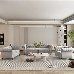DAFIFY Velvet Chesterfield Sofa Loveseat Chair Set Premium