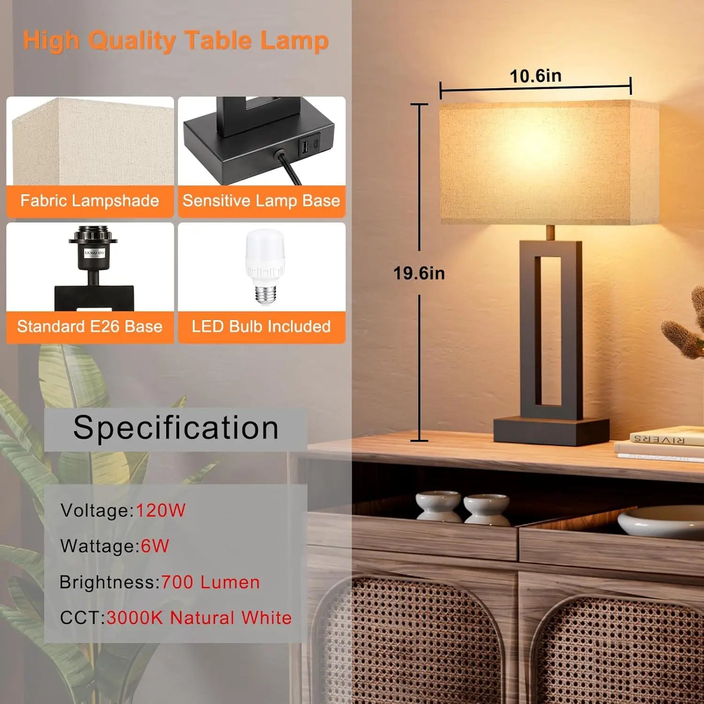 Solar Touch Control 3 Way Dimmable Bedroom Night Stands With USB Charging