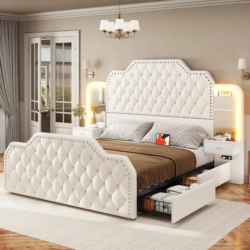 PU Leather Upholstered Bed Frame With Storage Drawers