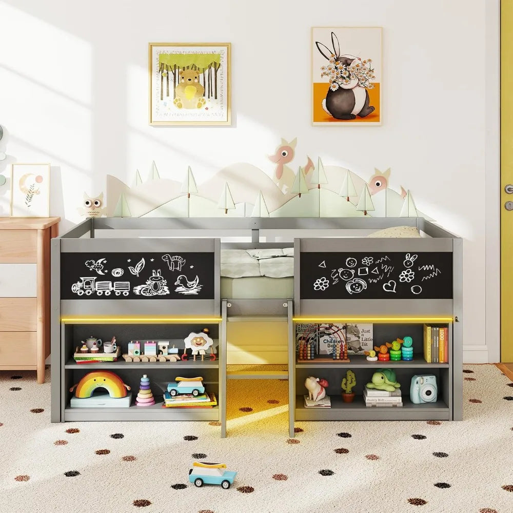 Wooden Loft Bed With LED Lights And Storage