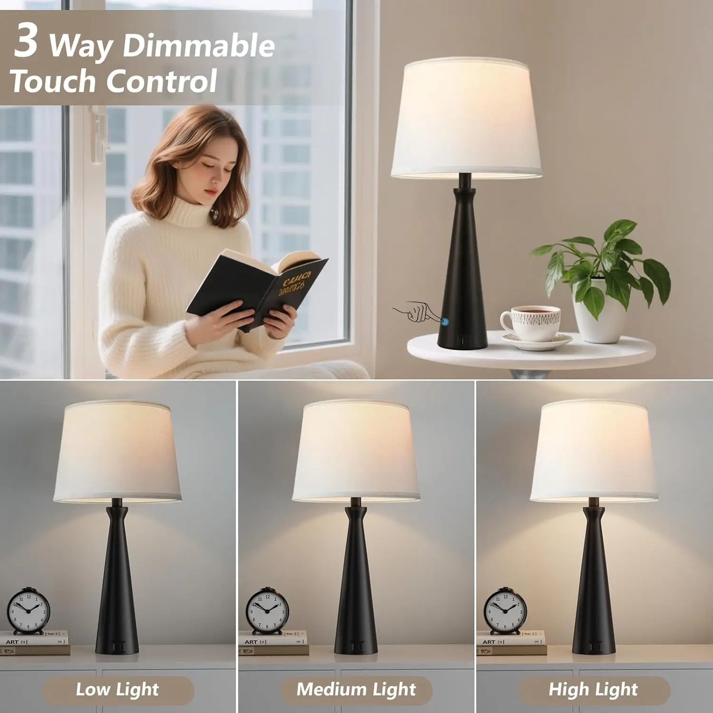 Modern Table Lamps Set of 2 With Touch Three Way Dimmable USB C And USB A Ports