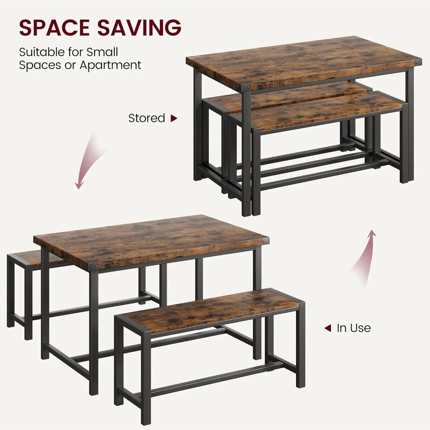 HiMISS Dining Table Set For 4 With Metalwood Benches