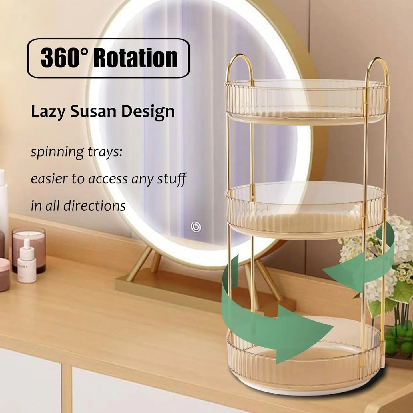 Rotating Makeup Organizer 3 Tier Vanity Storage For Skincare