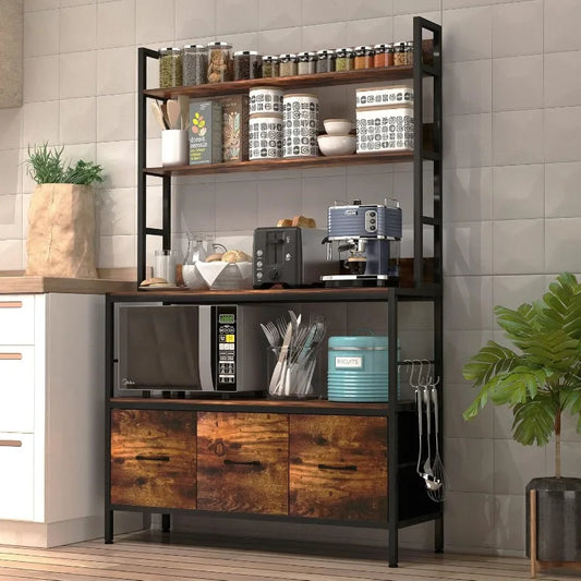 Kitchen Bakers Rack with Baskets 5-Tier Metal Storage Shelf and Microwave Stand
