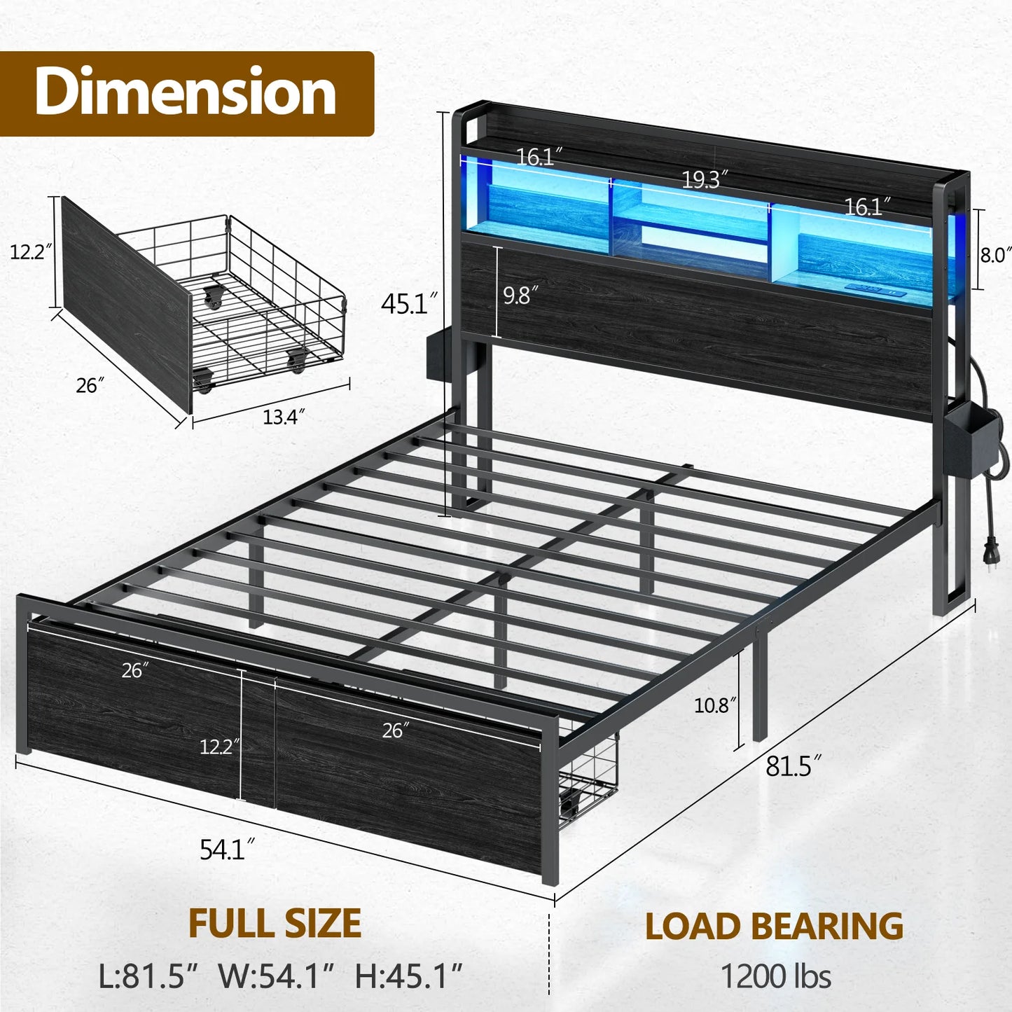 Satifur Metal Bed Frame With Storage Drawers And LED