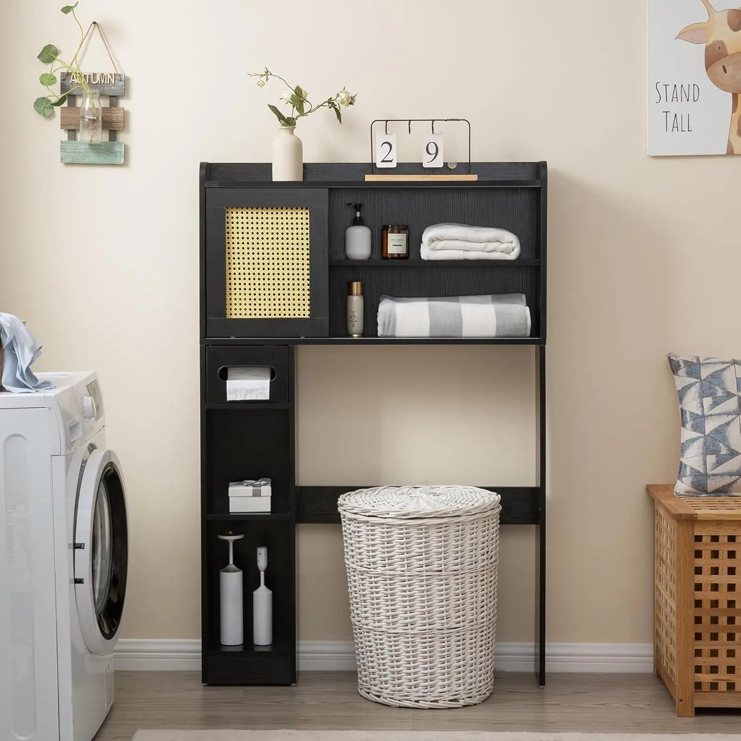 Over Toilet Storage Cabinet SixTier Freestanding with Sliding Door