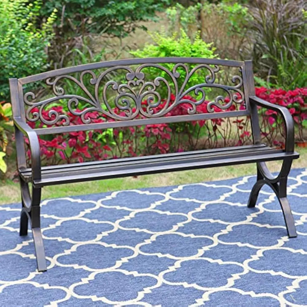 Outdoor Cast Iron Bench With Floral Backrest Arch Legs