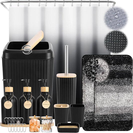 32PCS Black Bathroom Set with Shower Curtain Rugs and Stylish Accessories