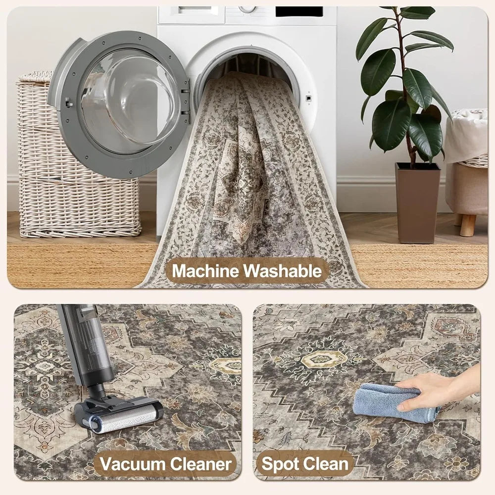 Vintage Washable Non Slip Indoor Area Rug Distressed Look