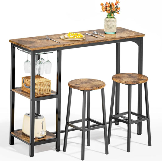 XMSJH Bar Table Set With Stools Shelves And Glass Rack