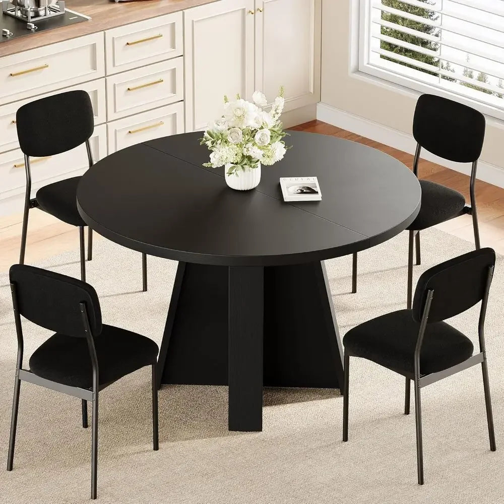Five Piece Round Dining Table Set With Wood Base And Upholstered Chairs