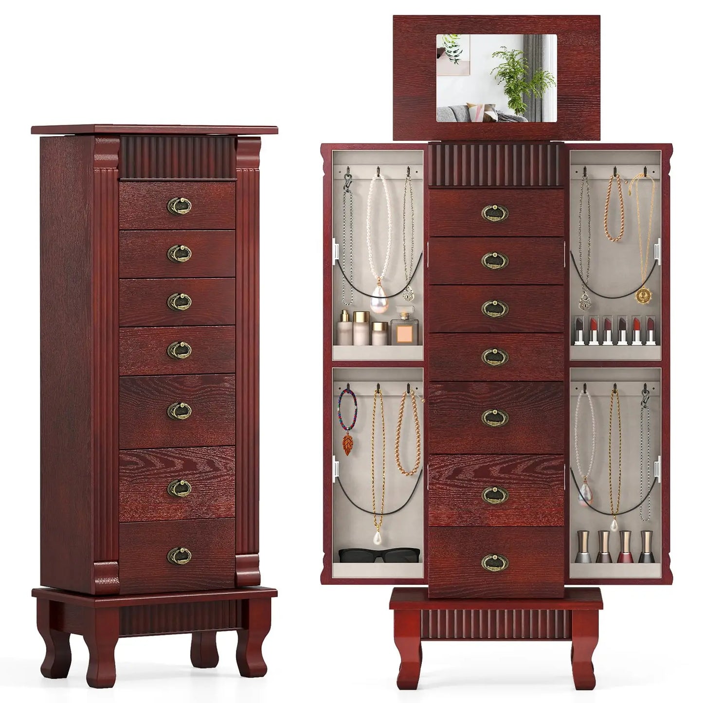 Standing Jewelry Armoire With Mirror Seven Drawers Wooden Cabinet