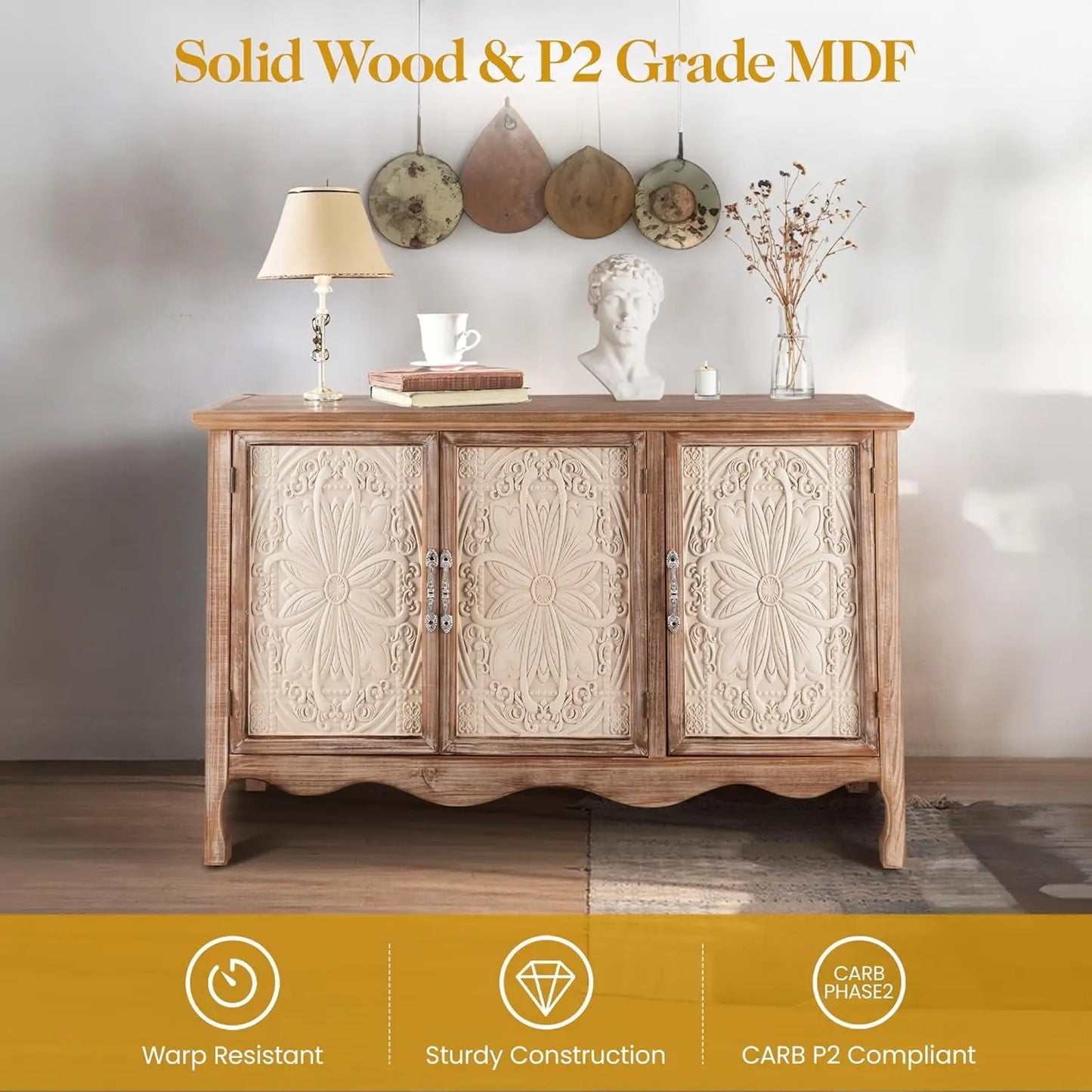 XMSJ Accent Storage Cabinet With Carved Doors And Shelves Farmhouse Sideboard Buffet