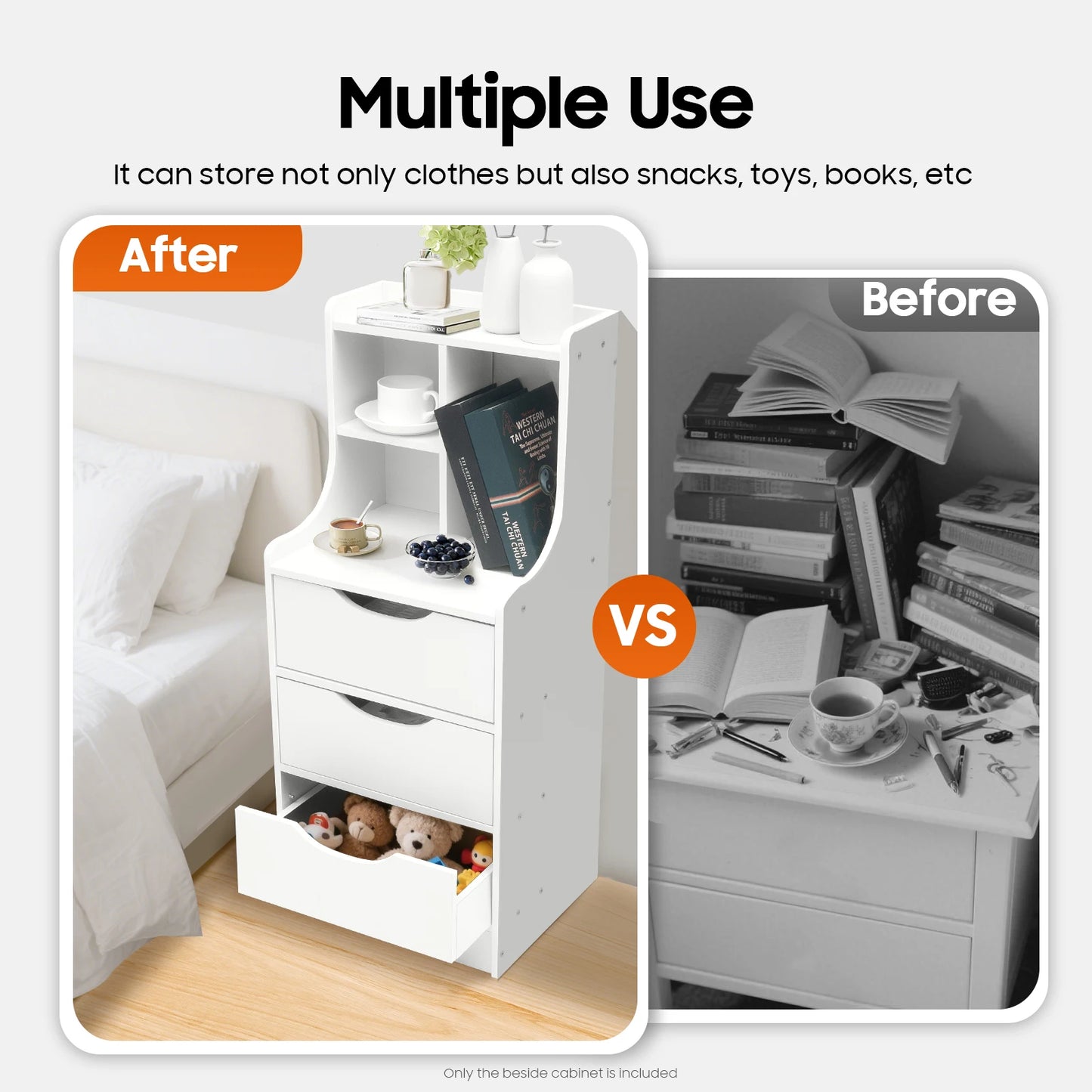 White Vertical Bedside Table Modern Storage Cabinet with Convenient Handles