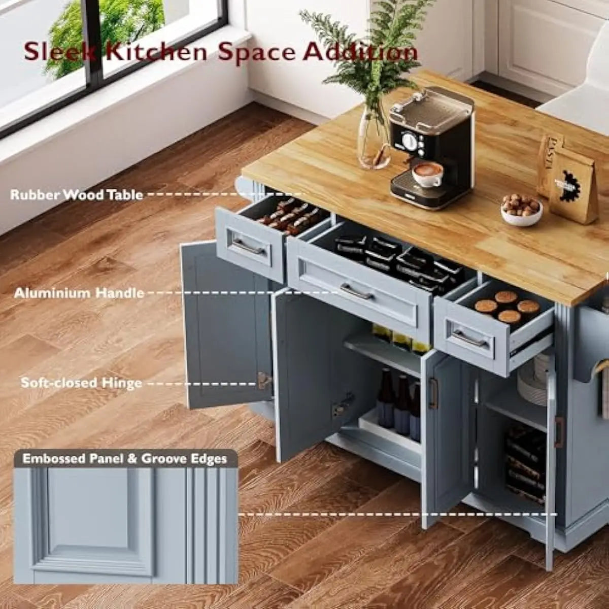 Mobile Kitchen Island With Drop Leaf Countertop, Drawer Storage