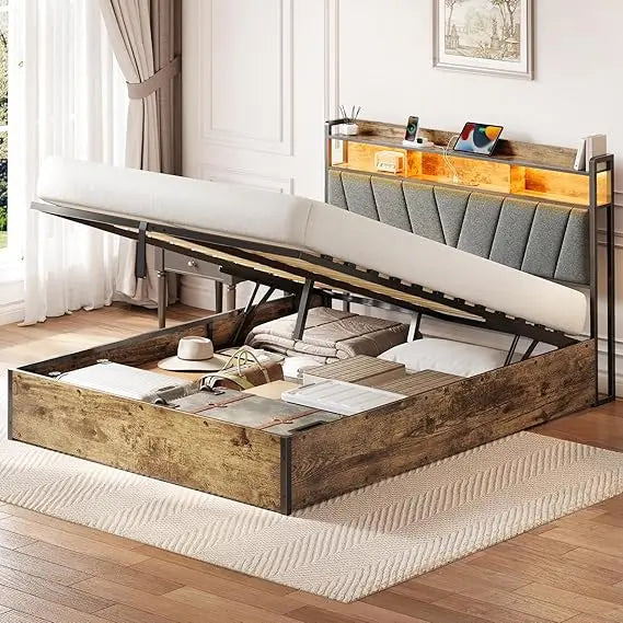 DAFIFY Upholstered Storage Bed With Lift Up Frame LED