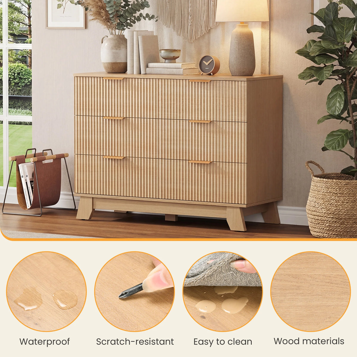 JHK Fluted Wooden Six Drawer Dresser Cabinet Storage Organizer