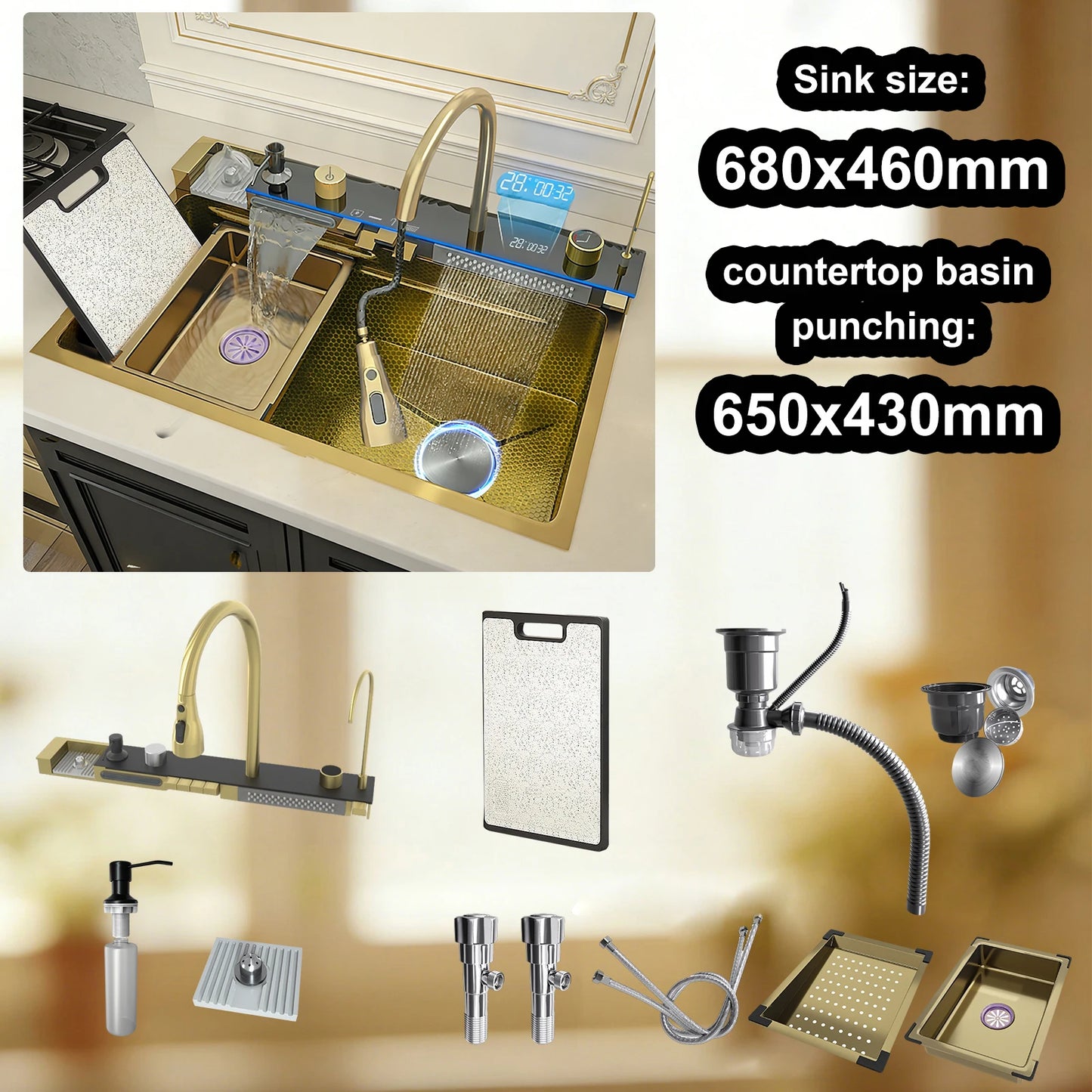 TELISIYA 304 Stainless Steel Waterfall Kitchen Sink With Digital Display Faucet