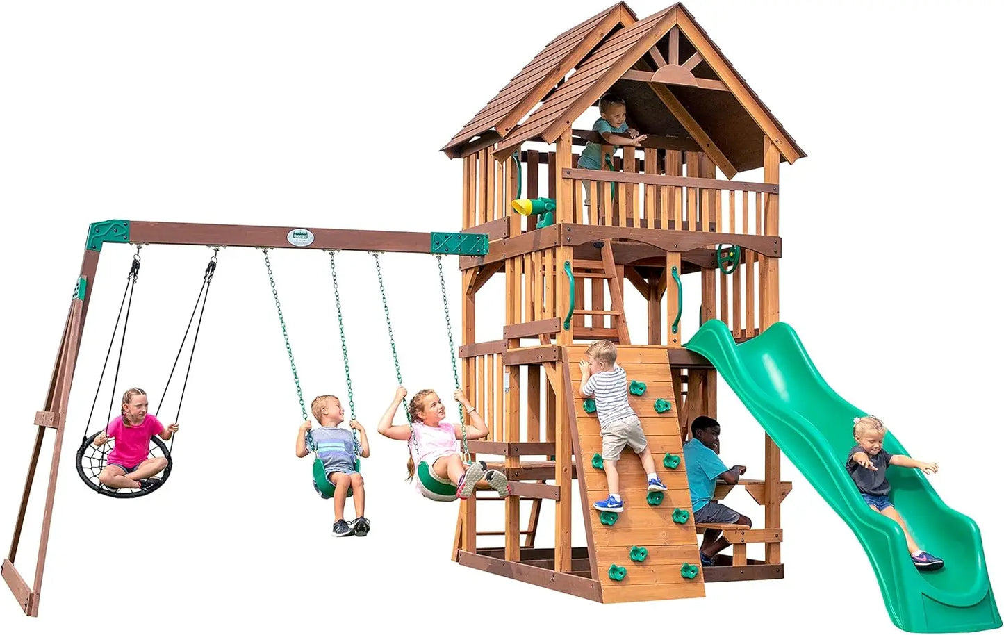 Highlander Cedar Wood Swing Set With Wave Slide Clubhouse