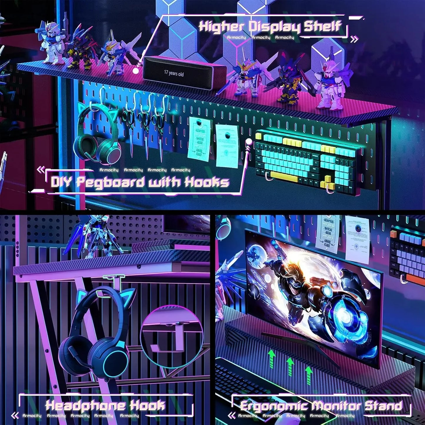 XMSJ Premium Ergonomic Gaming Desk Shelves Outlets Hutch LEDLuminanceDeluxeProPlusUltra