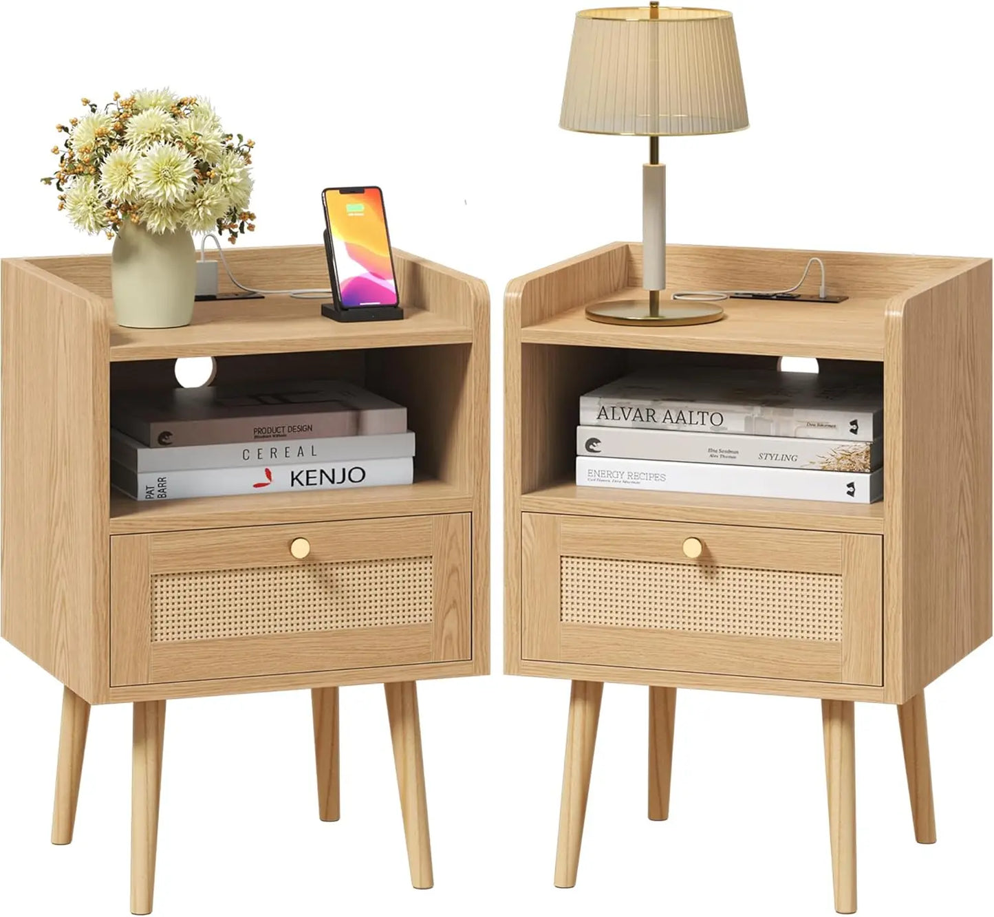 XIUWO Boho Nightstand Set With Charging Station Wood Legs