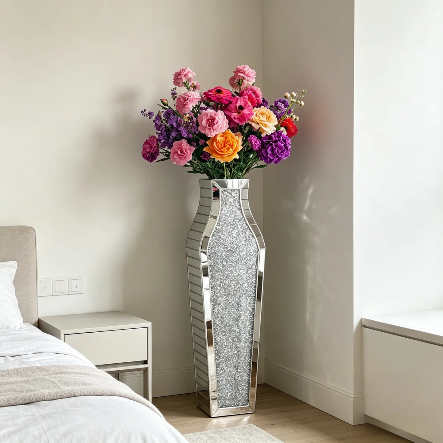 Mirrored Floor Vase Crushed Diamond Glass Decor Living Room