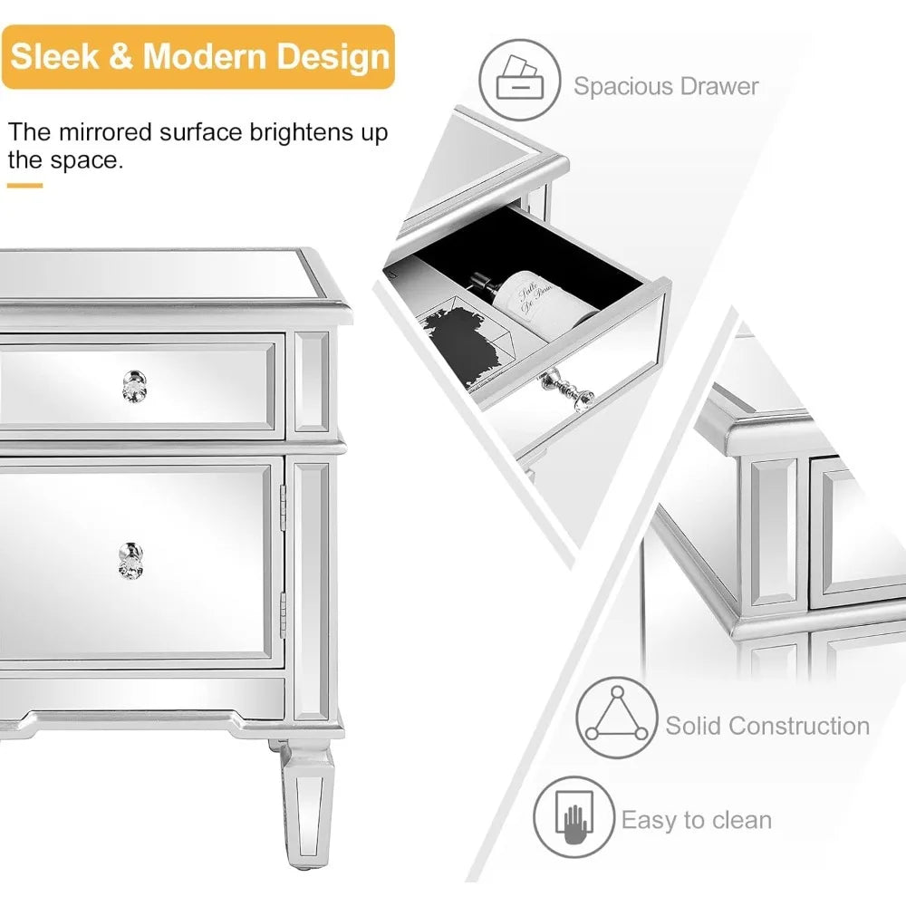 Modern Mirrored Nightstand Bedside Table With Drawer And Cabinet