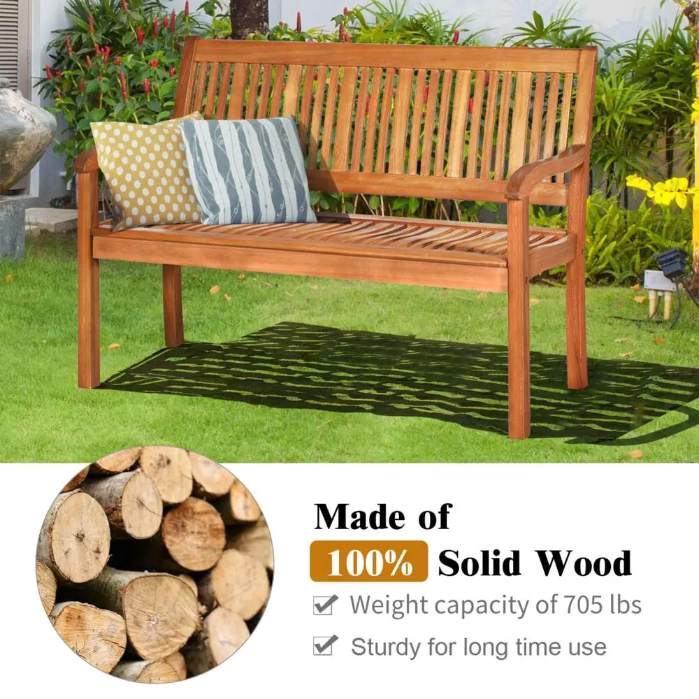 Outdoor Wood Garden Bench Slatted Backrest Curved Armrests