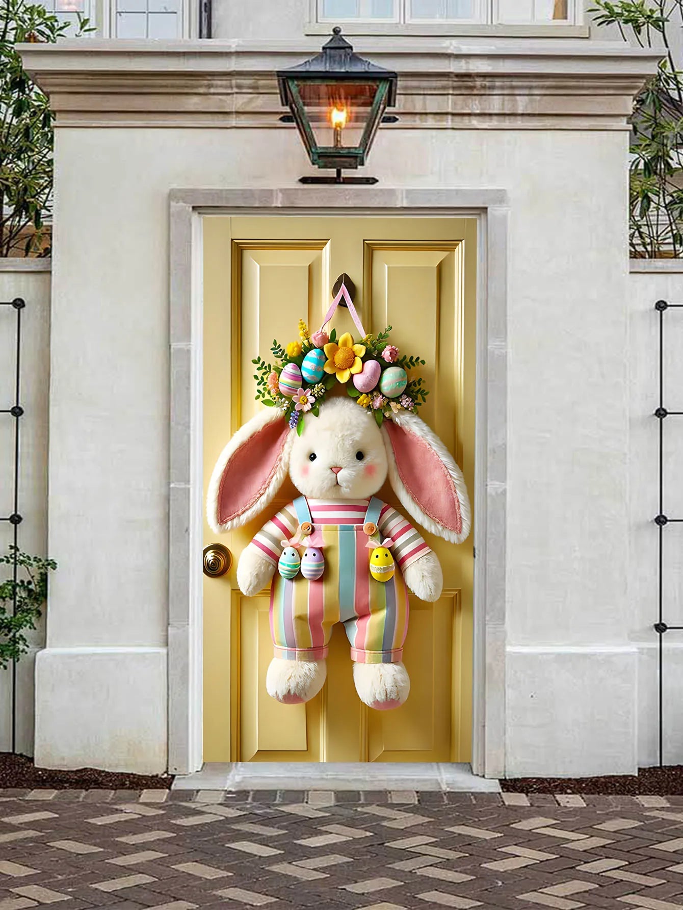 NONECN Easter Door Cover Plush Rabbit Wreath Banner