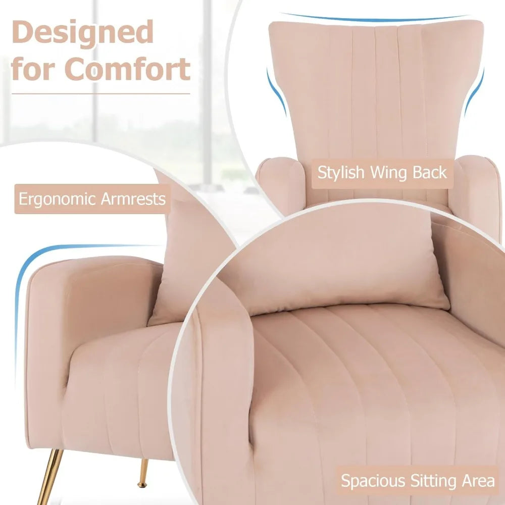 Velvet Accent Chair with Lumbar Pillow Mid Century Modern Wingback Design