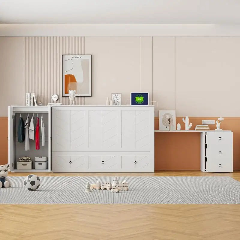 Versatile White Cabinet Bed With Usb Port And Large Drawer