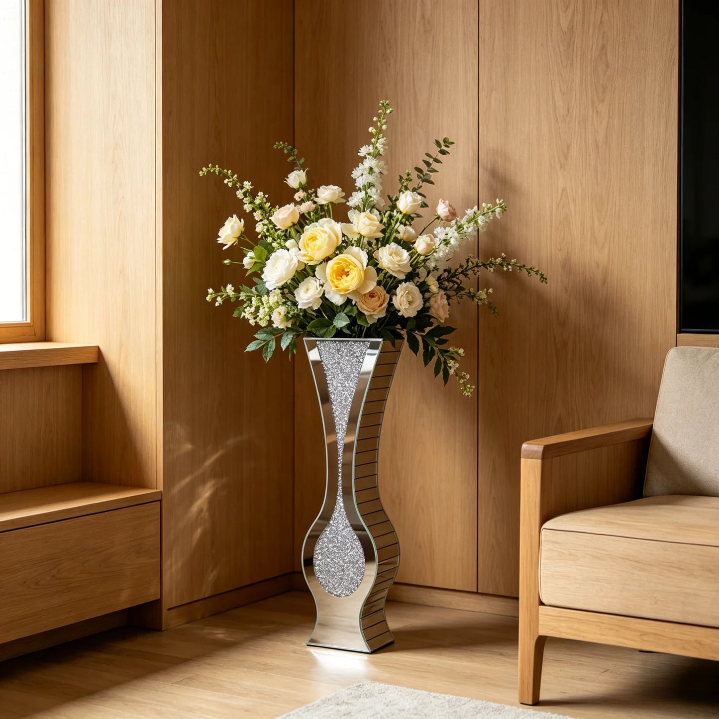 Mirrored Floor Vase Crushed Diamond Glass Decor Living Room