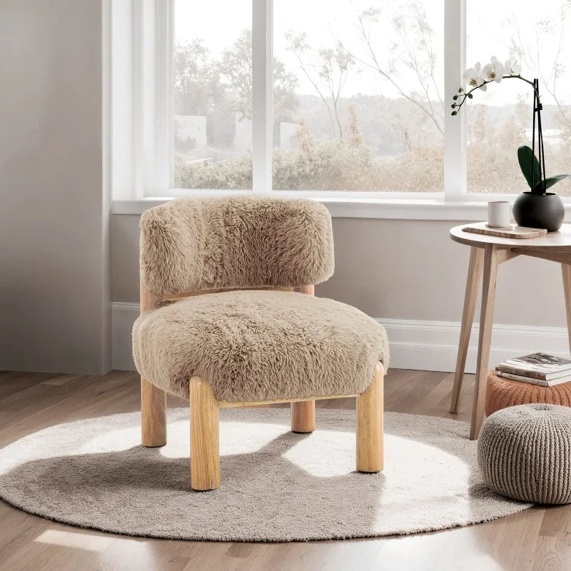 Mushroom Face Fur Fabric Accent Chair With Wooden Legs