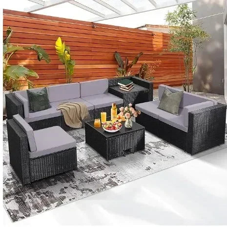 Rattan Patio Sectional Glass Top Table With Hidden Storage