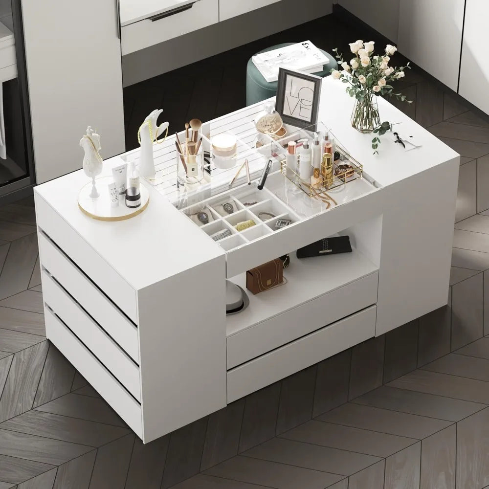 Ticify Armoire Island Wardrobe With Glass Tabletop Drawers