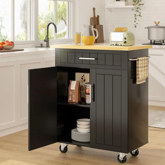 Rolling Kitchen Island Cart With Sturdy Wooden Storage Cabinet