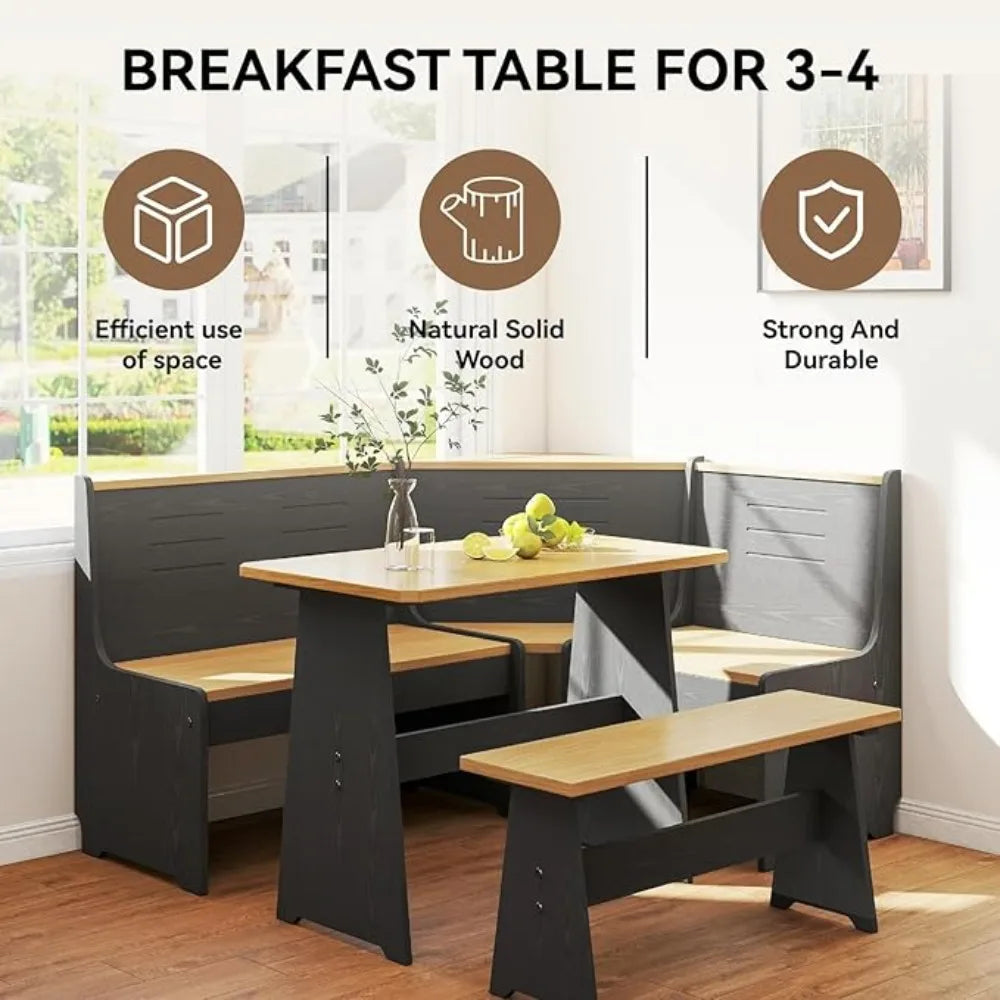 Modern Black L-Shape Breakfast Nook Corner Dining Table and Bench Set