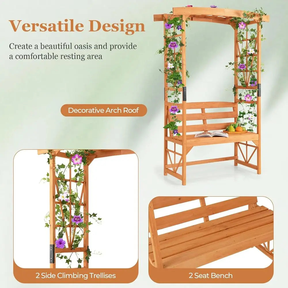 HAPPYGRILL Patio Garden Arbor With Bench Wooden Arch Pergola Trellises