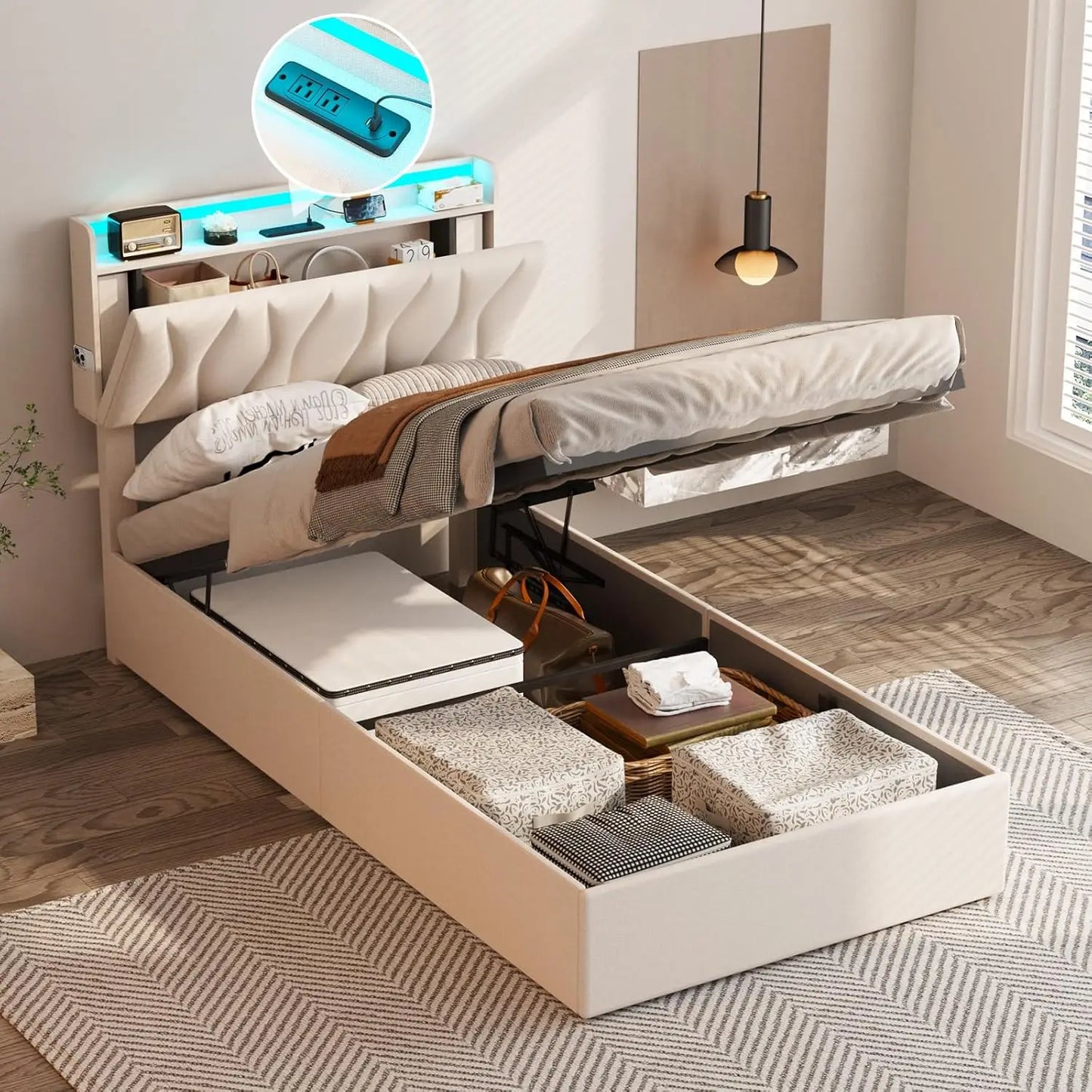 Vabches Lift Up Bed Frame With Storage Headboard And Led