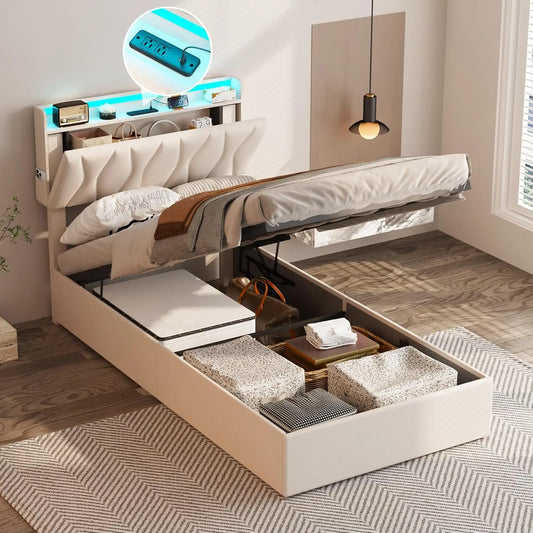 Vabches Lift Up Bed Frame With Storage Headboard And Led
